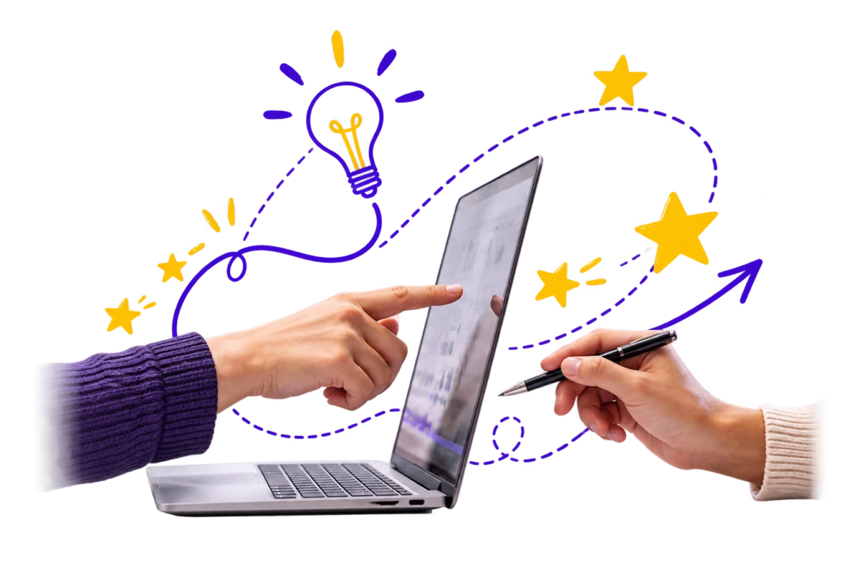 Manos trabajando en un proyecto web, con trazos creativos y estrellas de PREAM